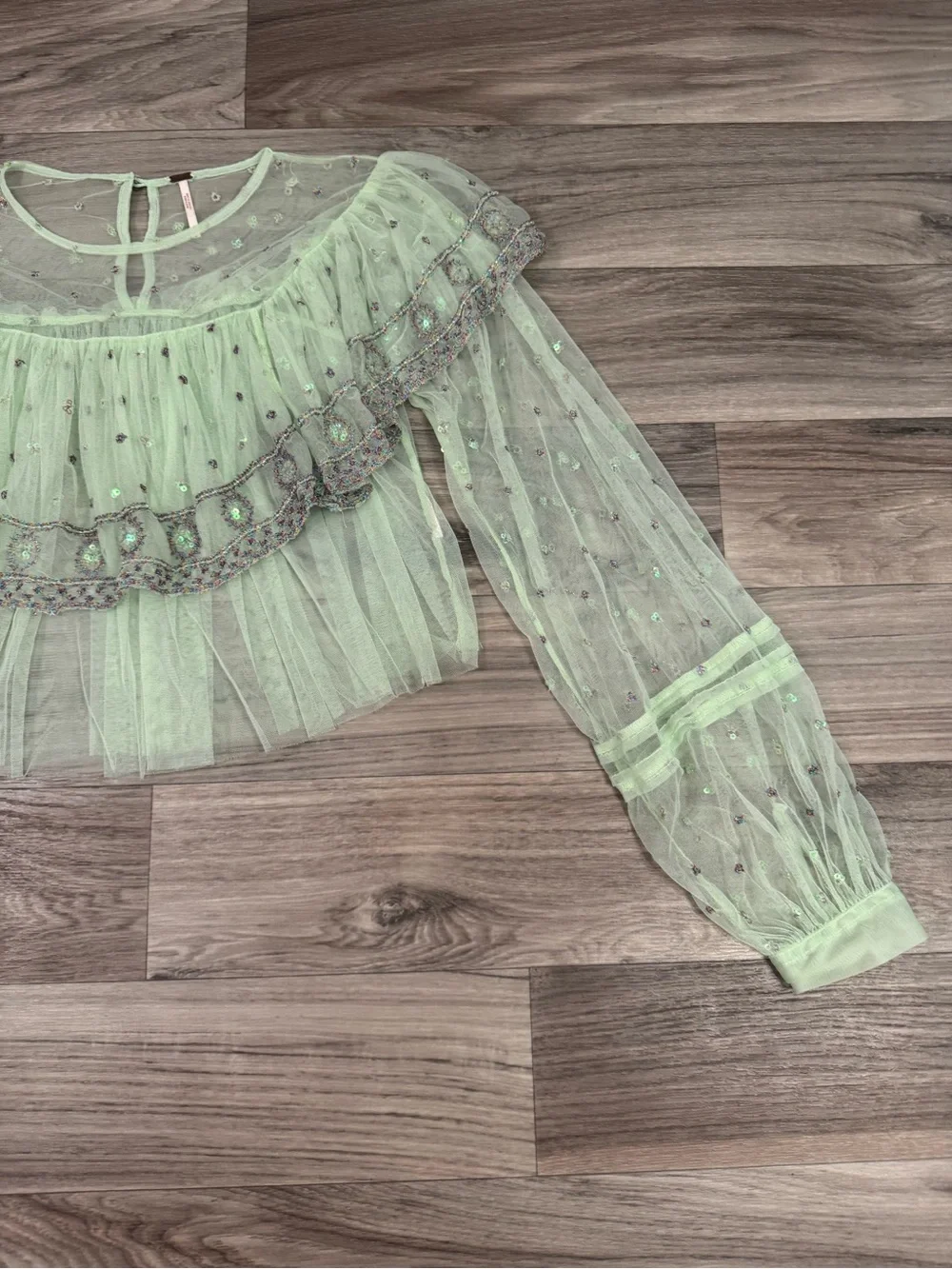 Free People Disco Ball Embellished Sequined Long Sleeve Top Blouse Size Small